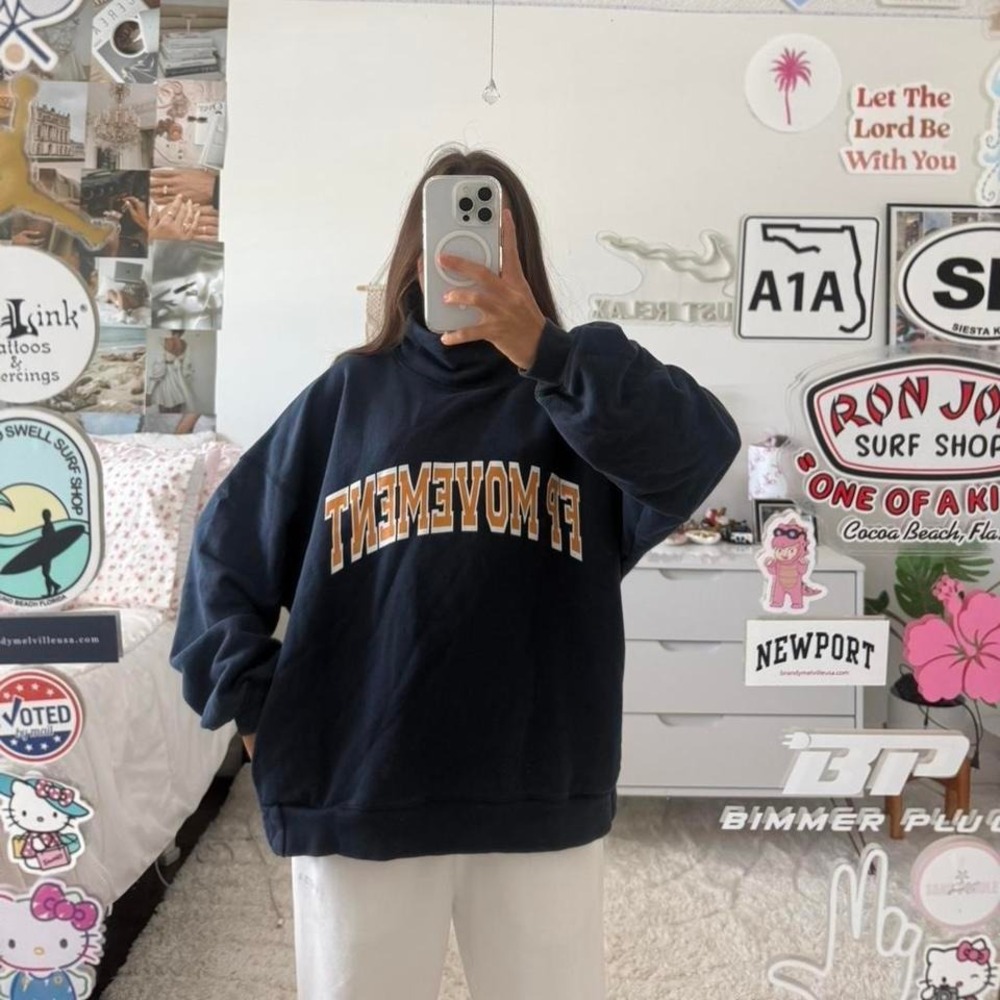 free people navy blue and orange Mockneck sweatshirt with pockets